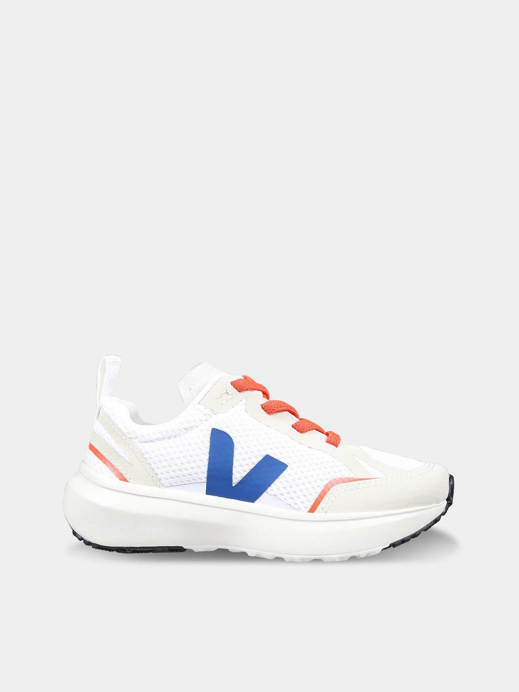 White sneakers for kids with blue logo